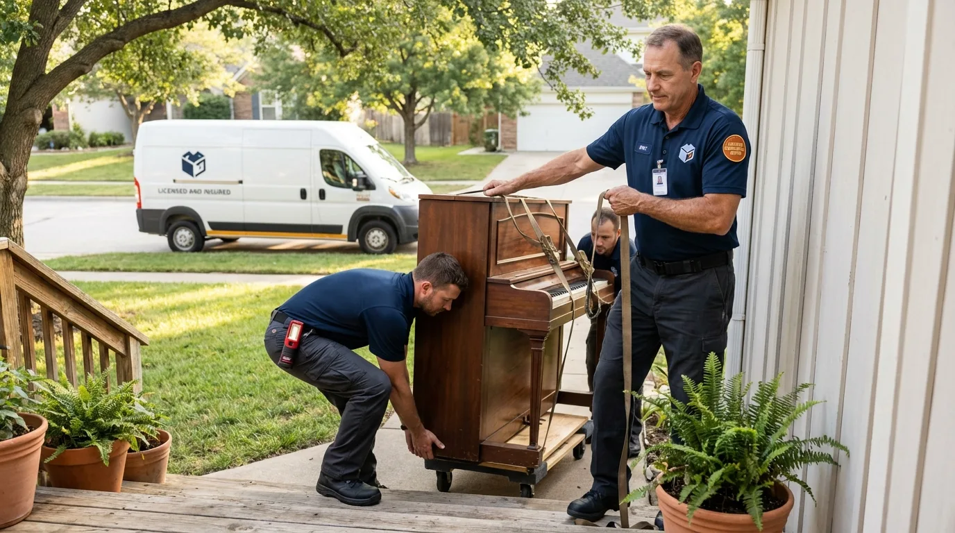 Licensed piano movers securing grand piano in Madison, MS