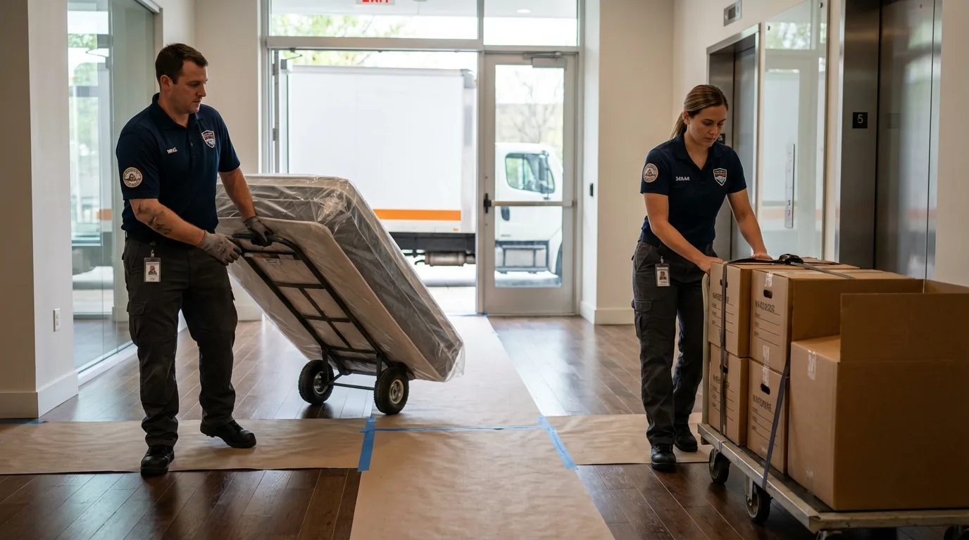 Professional apartment movers loading elevator in Madison, MS